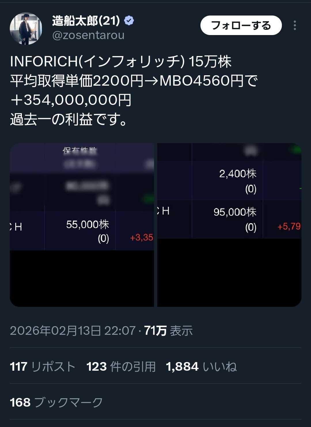 【朗報】超有名投資家さん(21)、全力投資した銘柄が偶然MBOb決まり3億円以上ゲット